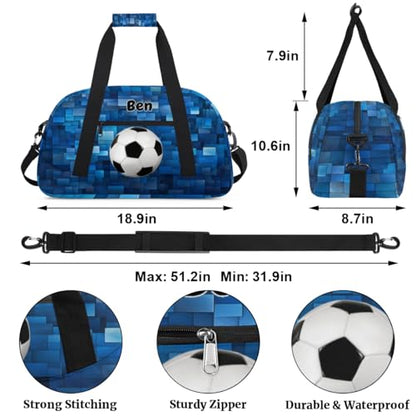 Personalized Sports Bag for Boys, Soccer Blue Geometric Pattern | Personalized Named Practice Travel Overnight Training Bag - color: Color 19