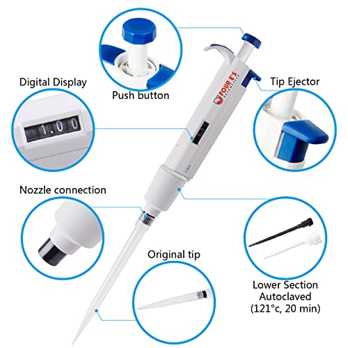 FOUR E'S SCIENTIFIC 1-5mL Pipette, Adjustable Volume Micropipette | 1000-5000μL Single-Channel Pipettor, Ergonomic Design, Precise Volume Dial - size: 08 (1-5mL)
