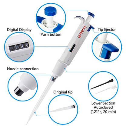 FOUR E'S SCIENTIFIC 1-5mL Pipette, Adjustable Volume Micropipette | 1000-5000μL Single-Channel Pipettor, Ergonomic Design, Precise Volume Dial - size: 08 (1-5mL)