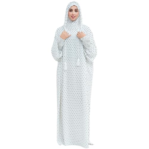 Upgraded Abaya Dress for Women 1PC Hoodie Polka Dot Modest Prayer Robe - color: White, size: Size 1