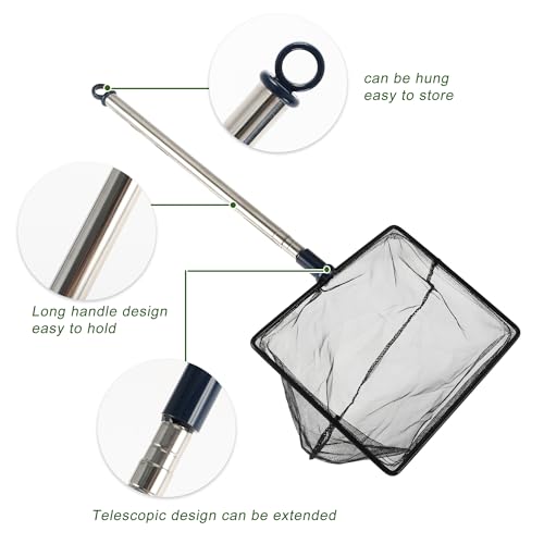 Fish Tank Net, Fine Mesh Aquarium Fish Net, Long Handle Fish Net, Stainless Steel Extendable Handle, Square Aquarium Cleaning Net for Aquarium Accessories - size: 8 inch