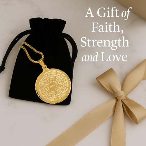 Steeltime Stainless Steel Lords Prayer Necklace with Simulated Diamonds - color: Gold, style: Round Pendant
