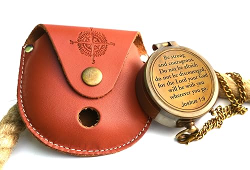 Be Strong and Courageous (Joshua 1:9) Brass Compass with wooden Box-Engraved Scripture Prayer Compass Religious Gift for Men & Women - Baptism, Confirmation, Communion Compass for Boys Graduation Gift - style: #1 Be Strong and Courageous Compass (Joshua 1