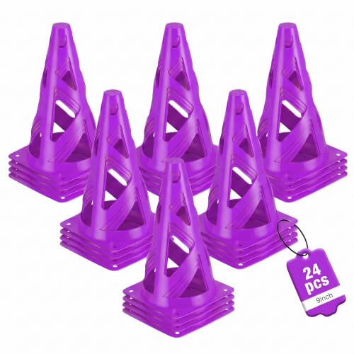 24 Pack Soccer Cones, 9 Inch Agility Cones for Soccer, Football, Basketball, Cones for Sports Training, Speed & Agility Drills, Field Marking Equipment - color: purple