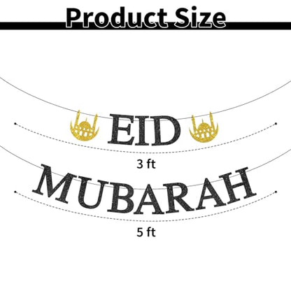 Eid Mubarak Banner - Happy Eid Decor, Ramadan Mubarak Decor, Muslim Islamic Eids Festival Party Decorations Gold Glitter