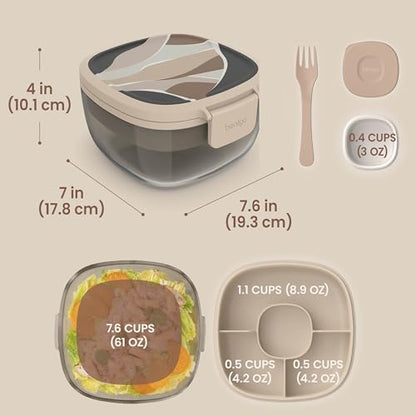 Bentgo Glass Prints Salad Container - 7.6-Cup Tinted Glass Salad Bowl with Airtight Lid, Leak-Proof Sauce Container, 4-Compartment Bento Meal Prep Tray & Reusable Fork (Inky Abstract - Neutrals) - color: Inky Abstract - Neutrals