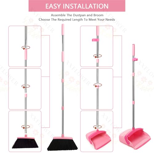 Broom and Dustpan Set, Dustpans with Broom Combo for Home, Heavy Dust Broom and Dustpan Combo, Long Handle Dust Pan and Broom Set for Kitchen, Office, Pet Hair,Pink, Pack of 1 - color: Pink