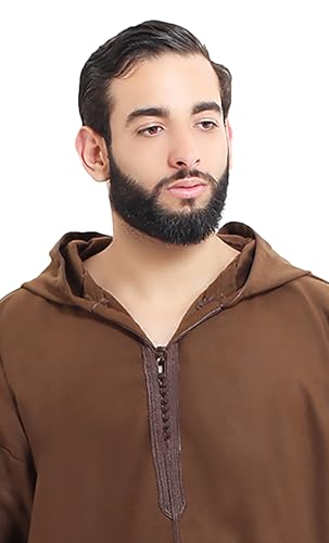 Moroccan Men Djellaba with Hood – Handmade Winter Jellaba Cotton Kaftan with Delicate Embroidery, Caftan Fits L–XL - color: Chocolote