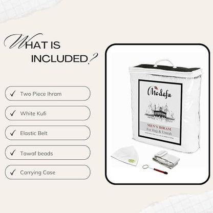 Modefa Islamic Men's Ihram Towel Set for Hajj Umrah - 2 Piece Set - 110 x 220, 100% Cotton - Combo with Belt, Kufi and Tawaf Beads