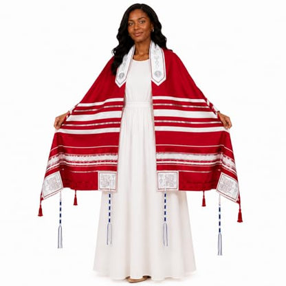 The Holy Promise Messianic Prayer Shawl-72 x22 Christian Tallit with Biblical Verses-Includes Carrying Bag - color: Red
