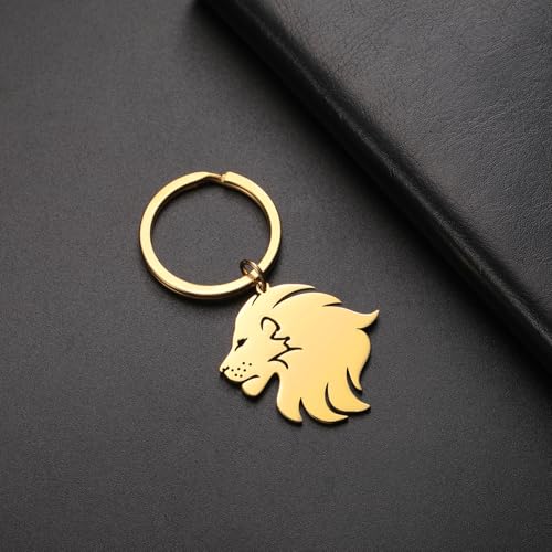Dreamtimes Lion With King Crown Keychain for Men Stainless Steel Lion Punk Rock Keychain Bag Car Key Pendant Keychain - color: Gold-2