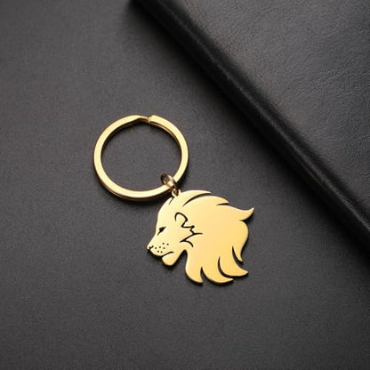 Dreamtimes Lion With King Crown Keychain for Men Stainless Steel Lion Punk Rock Keychain Bag Car Key Pendant Keychain - color: Gold-2