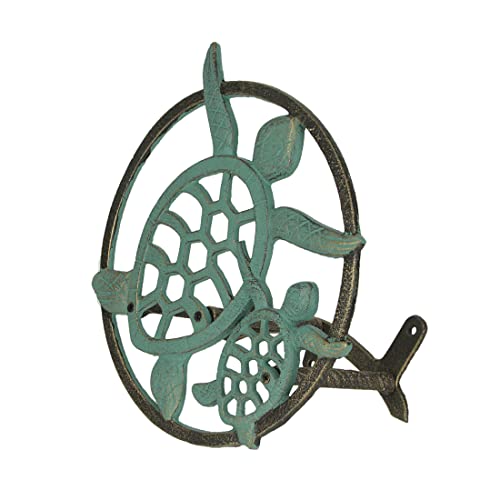 Sea Turtle Garden Hose Holder, 11.75 Inch Diameter Verdigris Cast Iron | Wall Mounted, 5.75 Inch Deep, Holds About 75 Feet of Hose, Three-Point Mounting Hardware Included - color: Sea Turtle - Green