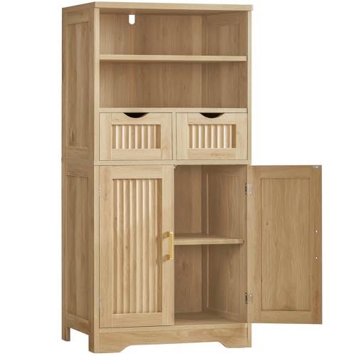 Iwell Tall Storage Cabinet, Fluted Cabinet with 2 Drawers & Adjustable Shelf, Bathroom Storage Cabinet, Kitchen Pantry Storage Cabinet, for Living Room, Dining Room, Home Office, Natural Oak - color: Curved, Natural, size: 49.6"H