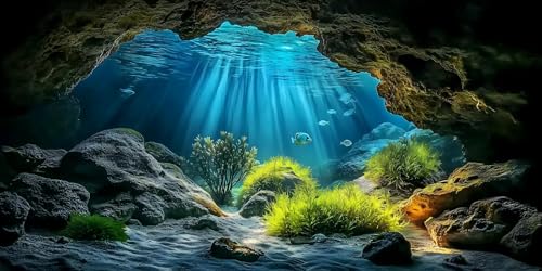 Underwater Cave Aquarium Background Rocks Water Plants Sunburst Landscape Fish Tank Background 24x12 Inches PVC Glass Container Decoration with Tapes - color: Cave, size: 24"x12"/60x30cm