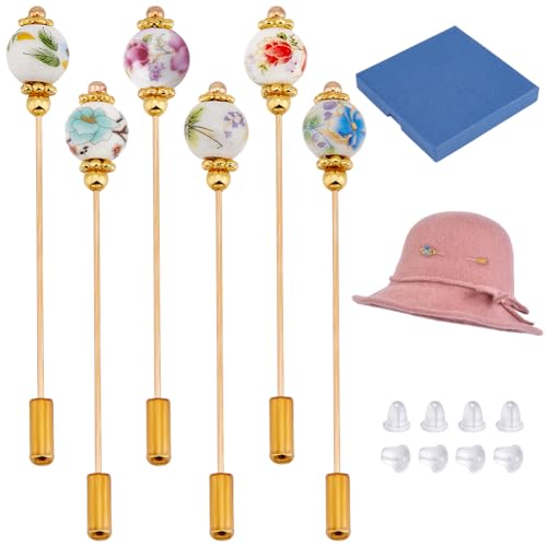 BENECREAT 6Pcs Porcelain Hat Pin, Vintage Safety Pins Brooches Porcelain with Plant Designs Brooch Pin Stick for Tie, Scarf, Western Cowboy Hats, Hair Accessories, 2.8inch