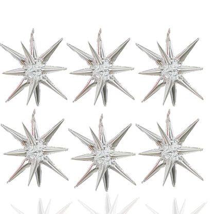 6 Pcs Silver Star Foil Balloons One-Piece 14-Pointed Star Balloon 4D Cone Mylar 22inch Christmas Birthday Wedding Fireworks Shape Party Supplies (Silver) - color: Silver