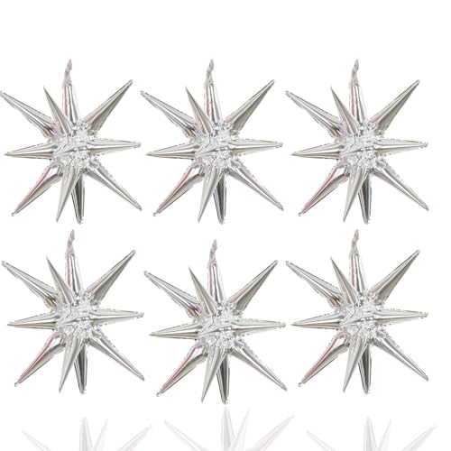 6 Pcs Silver Star Foil Balloons One-Piece 14-Pointed Star Balloon 4D Cone Mylar 22inch Christmas Birthday Wedding Fireworks Shape Party Supplies (Silver) - color: Silver