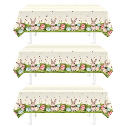 Childom 3 Pack Easter Decorations Easter Tablecloths Disposable Plastic Tablecloths 54"x108" Bunny Table Cloths Rectangle Tables for Party Supplies,Holiday Table Covers for Home Dinner Outdoor Picnic - color: Bunny