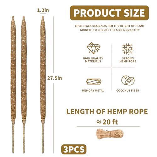 28" Bendable Plant Support Moss Pole 3 Pack for Climbing | Bendable Coco Coir,20FT Jute Rope Included,For Monstera,Pothos,Philodendron,Indoor Plant Support, Climbing & Training