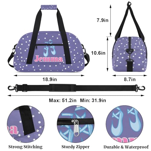 Custom Dance Ballet Duffle Bag for Girls, Personalized With Name, for Shoes, Overnight, Gym, Travel, Sleepover - Light Purple Background With White Dots - color: Color26