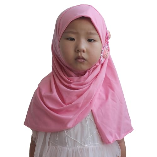 Soft Instant Hijab for Kids Girls Muslim Headscarf Islamic Scarf Shawl Wrap with Flowers - color: Pink-2 Flowers