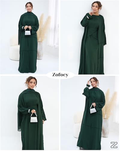 Abaya Muslim Prayer Dress Set Ramadan Open Front Islamic Clothing 3pcs Prayer Robe with Waist Apron Loose Flowy - color: Dark Green, size: X-Large