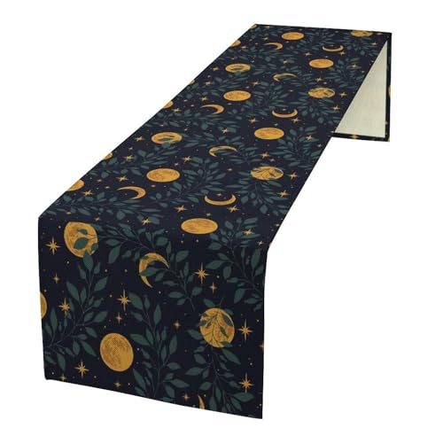 Moon Table Runner, Rustic Boho Leaves Vintage Moon Phase Stars Table Runner for Kitchen Holiday Dining Wedding Outdoor 13x36in - color: Moon-7, size: W13''xL36''