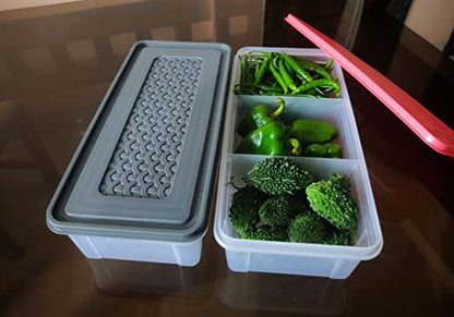 3 Partition Fridge Storage Container Boxes Organizer,Refrigerator Plastic Storage Box For Kitchen,For Dry/Liquid Food,Stackable Microwave Safe Container For Fish Meat-Pack Of 2,Blue