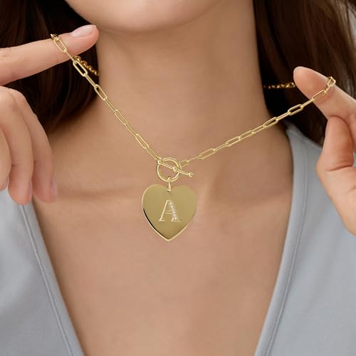 14K Gold Filled Heart Initial Necklace for Women, Dainty Alphabet Pendant Necklace with Paperclip Chain, Hypoallergenic Jewelry Gift for Her - color: Letter J