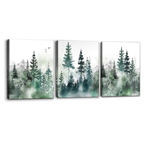Pacimo Wall Art Misty Forest Green Mountain Painting on Canvas Wall Decorations for Living Room Stretched Framed Landscape Canvas Paintings 3 Piece Bedroom Wall Decor Office Home Decor - 12"x16"x3 - color: Wallart-04, size: 12"x16"x3 Panels