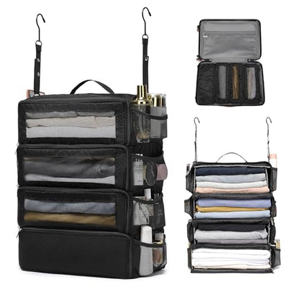 ToMiss Hanging Suitcase Organizer, Travel Essentials Carry-on Collapsible Packing Cubes for Travel, Stow-N-Go Portable Hanging Closet Organizer Shelves Luggage Bag, Medium, Black