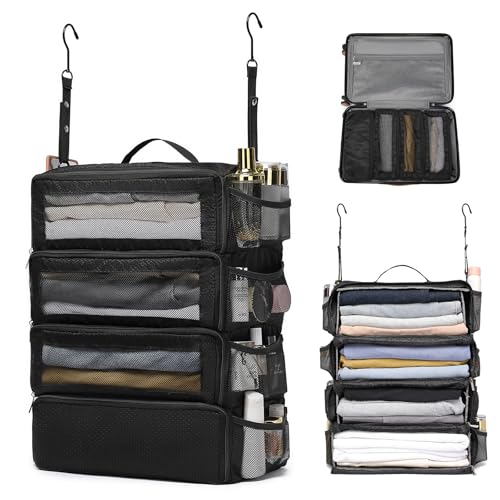 ToMiss Hanging Suitcase Organizer, Travel Essentials Carry-on Collapsible Packing Cubes for Travel, Stow-N-Go Portable Hanging Closet Organizer Shelves Luggage Bag, Medium, Black