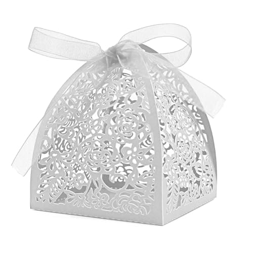 Auto-plaza 50 Pieces Beauty Laser Cut Favor Boxes DIY Wedding Birthday Gift Candy Boxes with Ribbons (White) - color: White