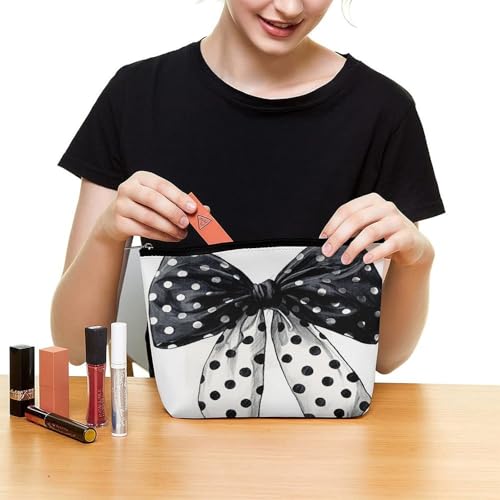 Black And White Polka Dot Bow Makeup Bag, Travel Toiletry Organizer, Cosmetic Pouch for Women, Birthday Presents for Mom Girls Women Sisters - color: Black And White Polka Dot Bow