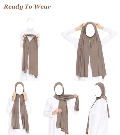 Non-See Through Instant Jersey Cotton Hijab Scarf for Women, Ready to Wear Muslim Head Scarf - color: Dark Brown