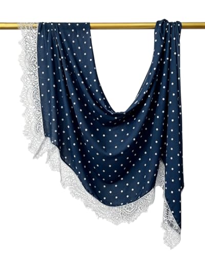 JUMISEE Elegant Floral Lace Hijab Scarf for Women Soft Cotton Head Wrap Instant Hijab Long Scarves Evening Dress Shawl - color: Navy Blue Polka Dot