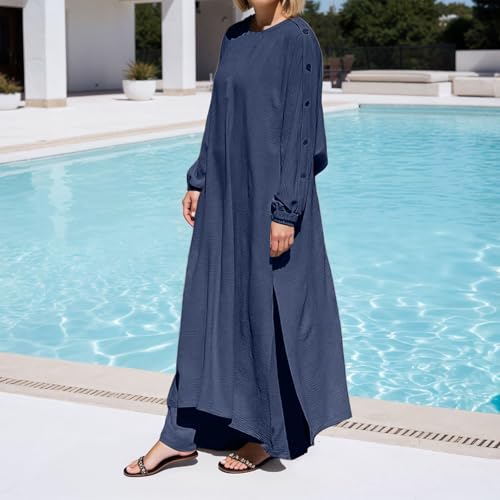 Muslim Dress Women Prayer Dresses Plus Size Maxi Dress Summer Casual Long Sleeve Flowy Long Sundresses - color: Navy, size: Small