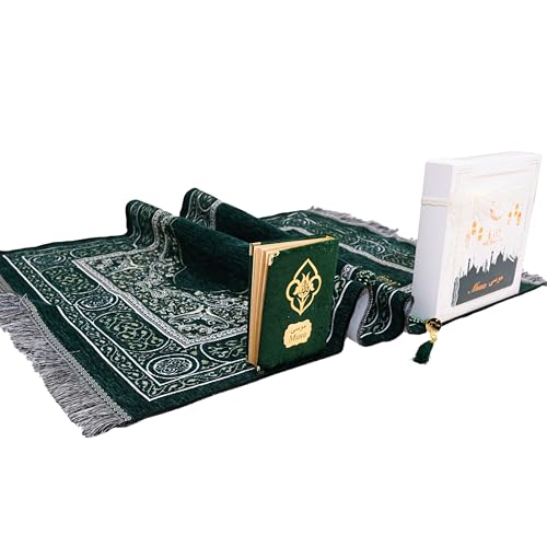 IEF Personalized Embroidered Prayer Rug Prayer Beads Yaseen Dua Book Quran Islamic Gift Set Ramadan Eid Hajj Umrah Wedding Birthday Mother's Day Father's Day Valentine's Day Gifts (Green) - color: Green