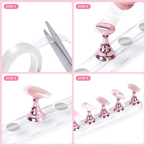 JUSTOTRY 2 Sets Pink Nail Painting Practice Stand With 1M Double-sided Tape Acrylic Fake Nail Art Holder For Press Ons Magnetic Nail Display Design Tools Kit Accessories For Home Diy Salon Supplies - color: Electroplated pink 2PCS