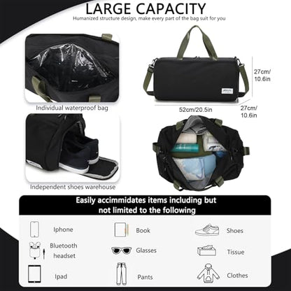 BESMART Gym Bags for Men with Side Pocket，38L Large Sports Gym Duffle Bag | Adjustable Strap&Shoe Compartment, Waterproof, Spacious, Wet Pocket, Durable Duffel Bag for Gym,Travel, Fitness,Black/Green - color: Black/olive green with TPU pocket