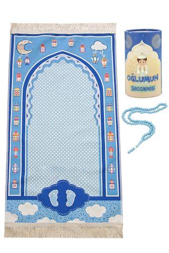 ihvan online, Kids Prayer Mat, Muslim Prayer Rug for Kid, Islamic Gifts for Kids, Design Janamaz Sajadah, Soft Salah Mat Carpet for Kid, Travel Praying Rug, Patterned Blue - color: Patterned Blue