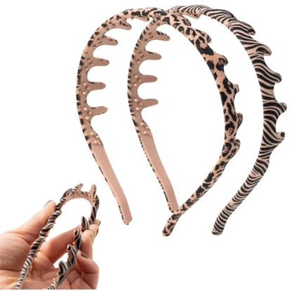 2pcs Silicone Comb Headbands for Women Non Slip, No Headache Headband with Teeth for Girls, Soft Head Bands for Women's Hair (Zebra & Leopard) - color: Zebra & Leopard