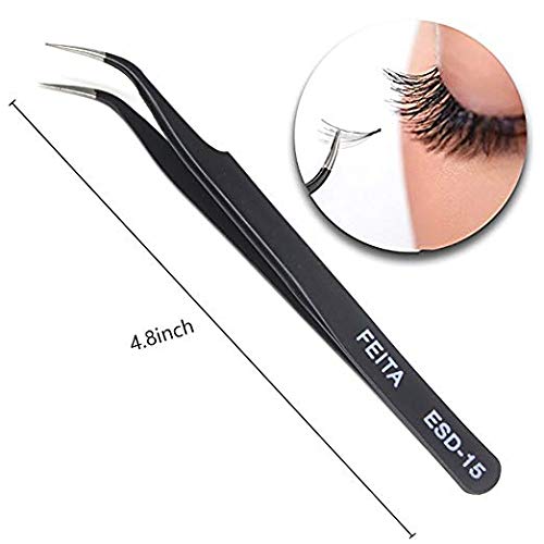 Eyelash Tweezers - FEITA Precision Eyelash Extension Tweezers Set - Professional Straight & Curved Pointed Very Fine Tip Tweezers for Lash Extensions - Black - 2Pcs - color: Black Tweezers - 2pcs