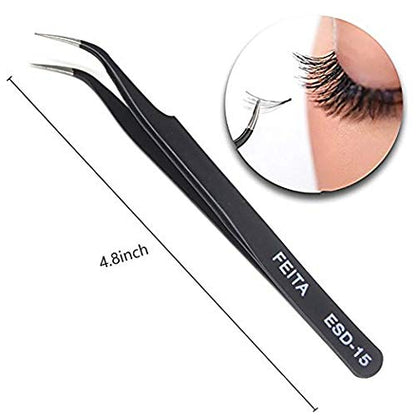 Eyelash Tweezers - FEITA Precision Eyelash Extension Tweezers Set - Professional Straight & Curved Pointed Very Fine Tip Tweezers for Lash Extensions - Black - 2Pcs - color: Black Tweezers - 2pcs
