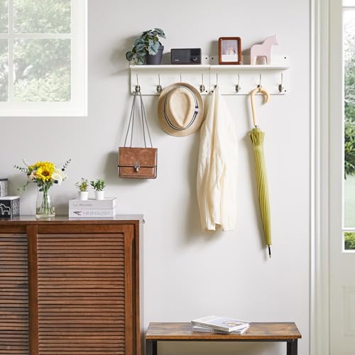 YMYNY 31.5" Coat Rack Wall Mount with Shelf and 8 Hooks, White, HWS006W-2 | 2 Pack Coat Hooks Key Holder Wall Mount, Wood Wall Mounted Coat Rack with Wall Hooks for Hanging, Towel Hooks for Bathroom - color: White