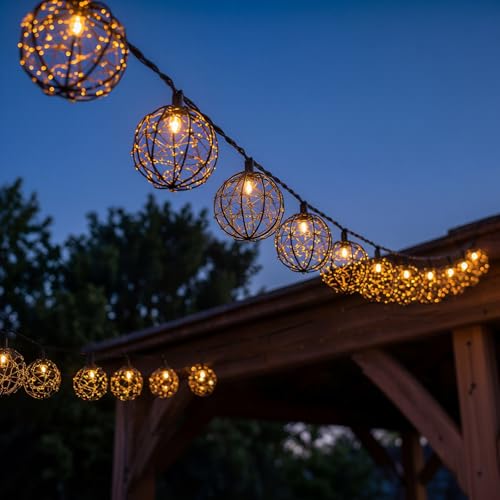 Outdoor Patio String Lights, 8.5FT 10 LED Beaded Copper Wire Ball Lights, Connectable Weather-Resistant Decorative Lights for Pergola, Porch, Bedroom, Backyard & Party - color: Copper led lantern