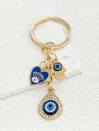 Blue Evil Eye Keychain Hamsa Hand Protection Keyring Good Luck Amulet for Purse Keys,Spiritual Gift for Women Men - color: Gold-4