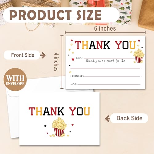 Kids Thank You Cards with Envelopes, Movie Night Theme Fill in the Blank Thank You Notes for Kids, Toddler Stationery Set, Ideal for Birthday Party, Graduation & School Gag Gifts - B10 - color: Movie Night Style