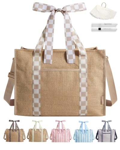 BAGSMART Beach Tote Bag for Women, Personalized Teacher Appreciation Gifts | Self-standing Sandproof Mesh Bag, Custom Jute Gift Tote w/ Stencils & Markers, Monogrammed Gift Bag Travel Cruise Essentials - color: Checkerboard Beige Brown, size: 21L Jute